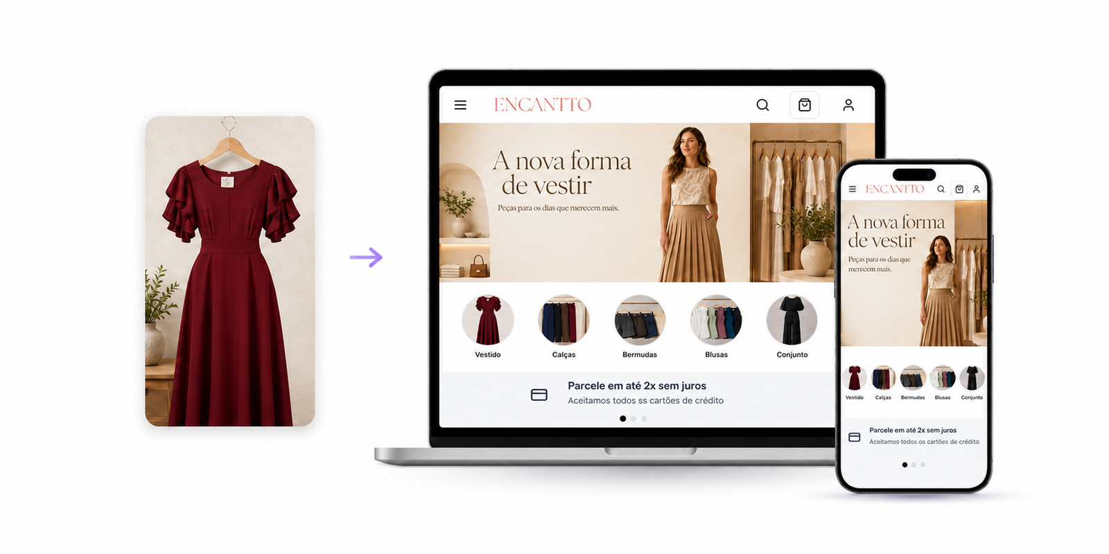Uma foto de vestido sendo transformada em produto e publicada em uma vitrine virtual no computador e no celular